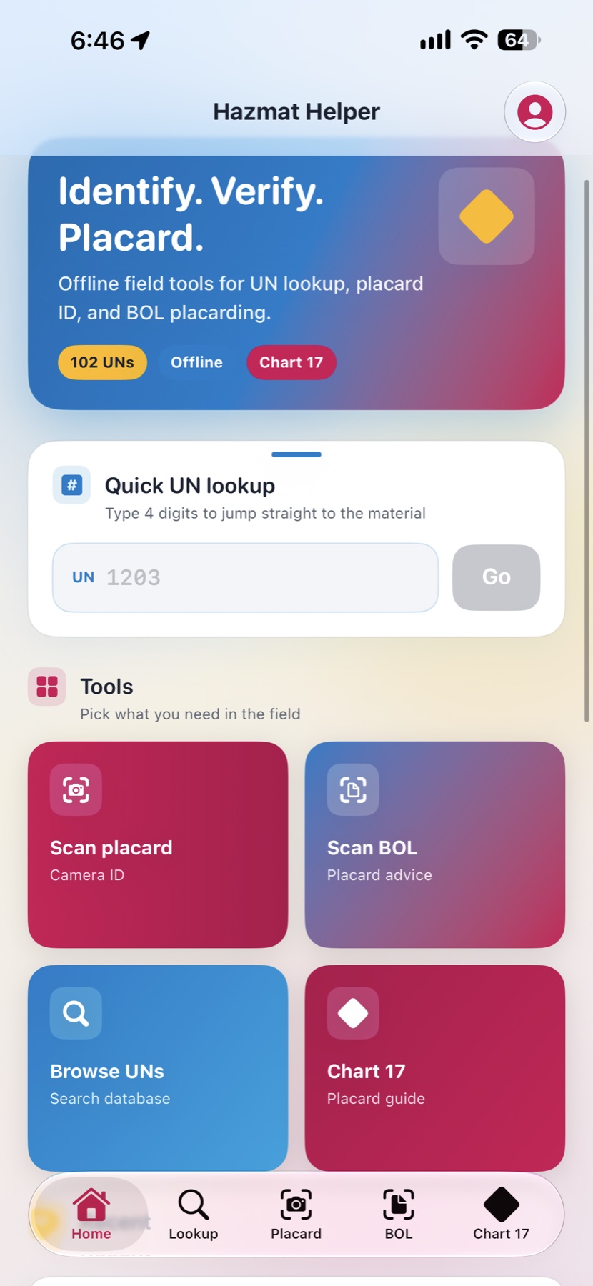 Hazmat Helper iOS app home screen showing placard scanning, BOL scanning, UN lookup and Chart 17 tools