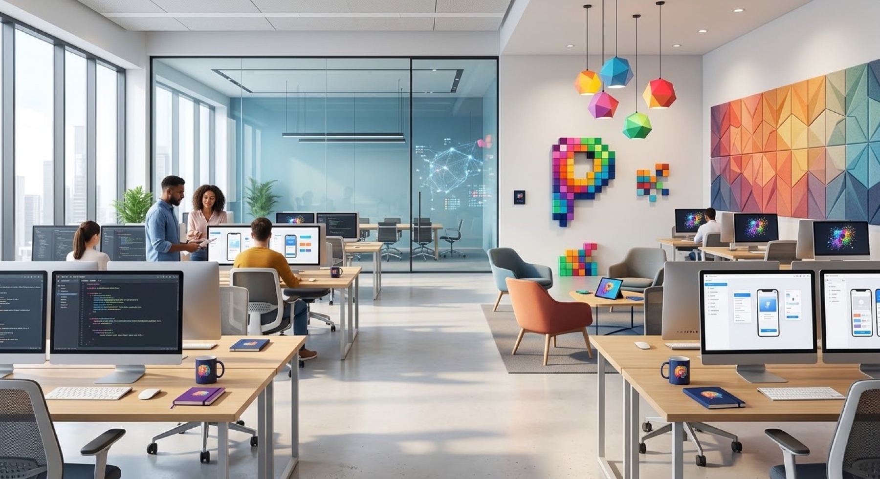 Bright modern studio workspace with colorful pixel artwork and mobile app designs on screens