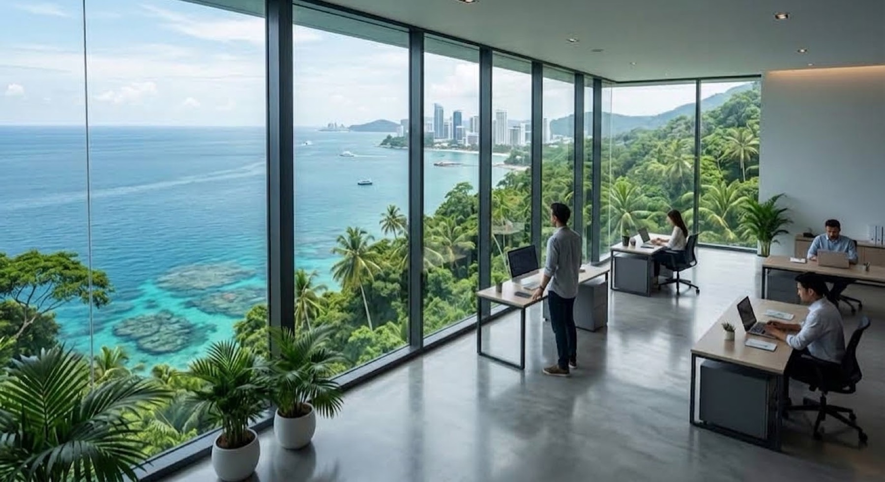 Modern glass-walled office overlooking the ocean, symbolizing PXLPOP global reach