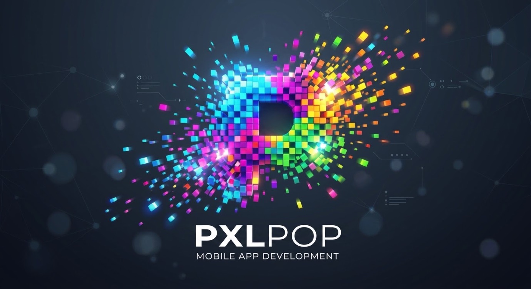 PXLPOP logo: a letter P exploding into vibrant multicolored pixels with the tagline Mobile App Development