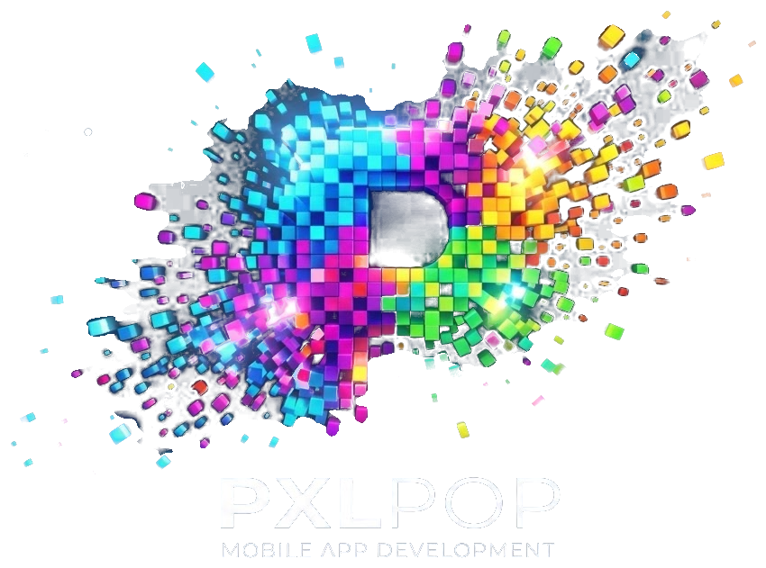 PXLPOP logo: a letter P exploding into vibrant multicolored pixels, with the PXLPOP Mobile App Development wordmark