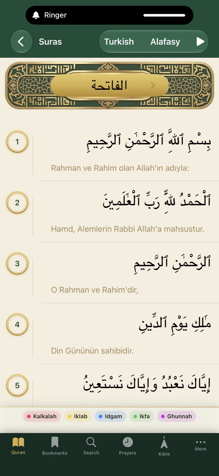 Qur-an Guidance app surah reading screen with Arabic calligraphy and Turkish translation