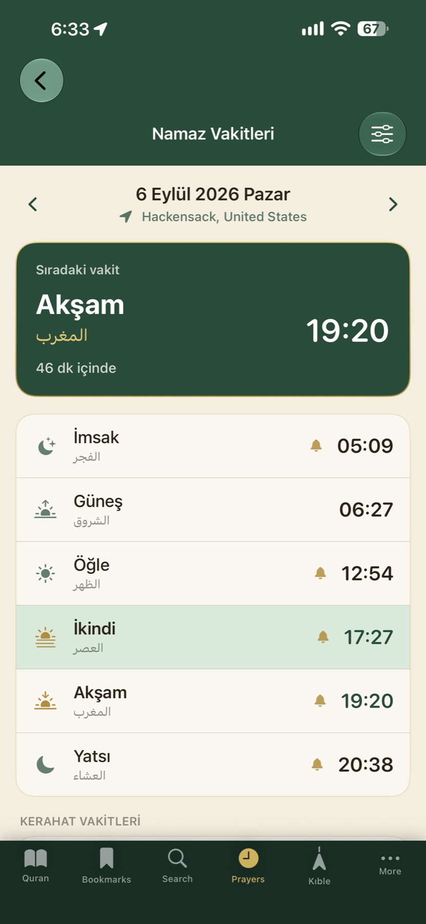 Qur-an Guidance app prayer times screen for Hackensack with the next prayer highlighted