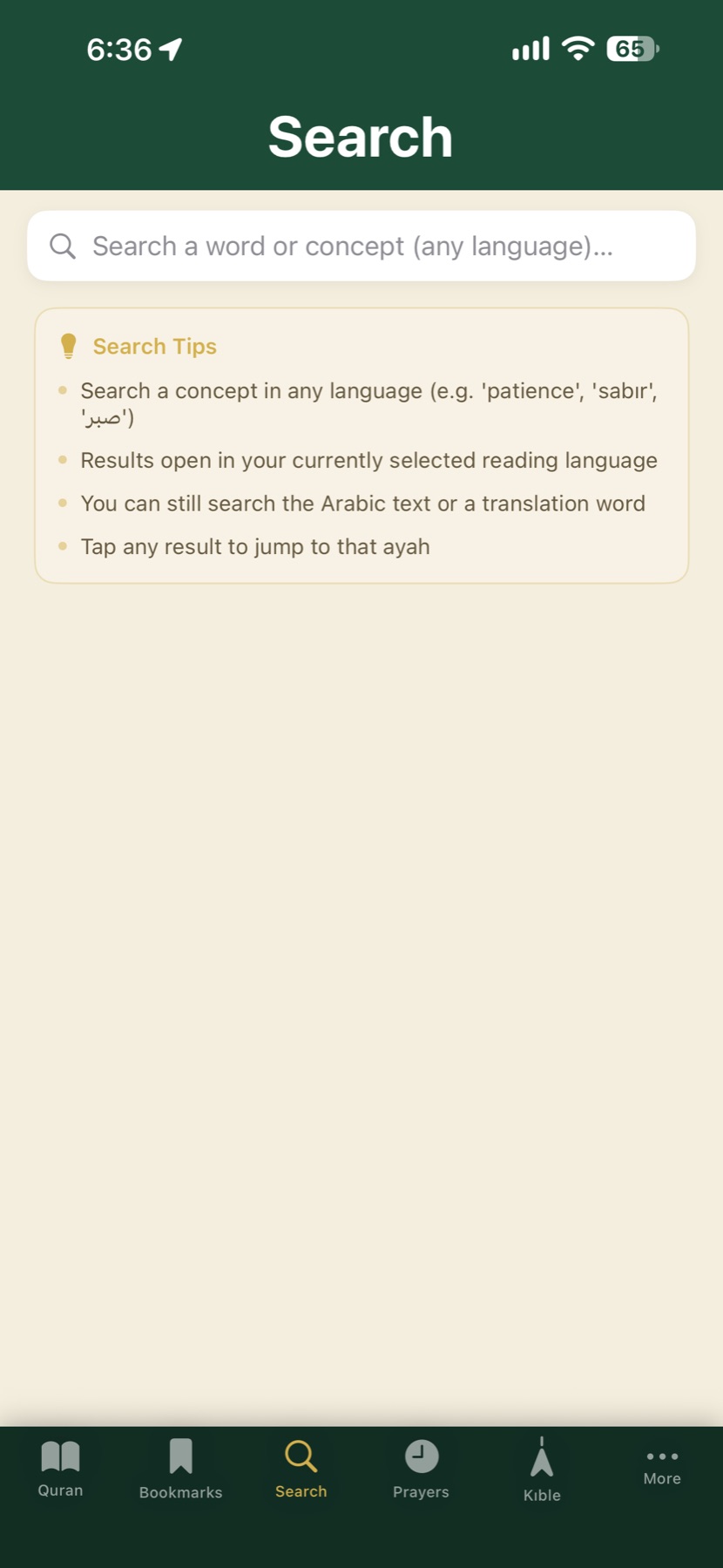 Qur-an Guidance app search screen with tips for searching any word or concept in any language